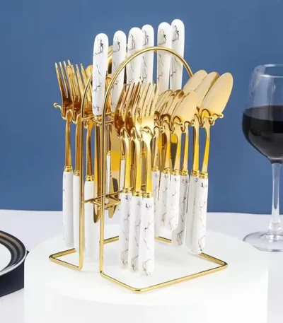 Stainless Steel Gold-Plated Marble Handles Tea Spoon & Fork Spoon Set with Stand Full set 24 pc