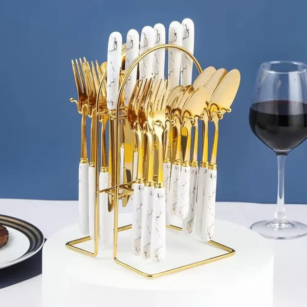 Stainless Steel Gold-Plated Marble Handles Tea Spoon & Fork Spoon Set with Stand Full set 24 pc